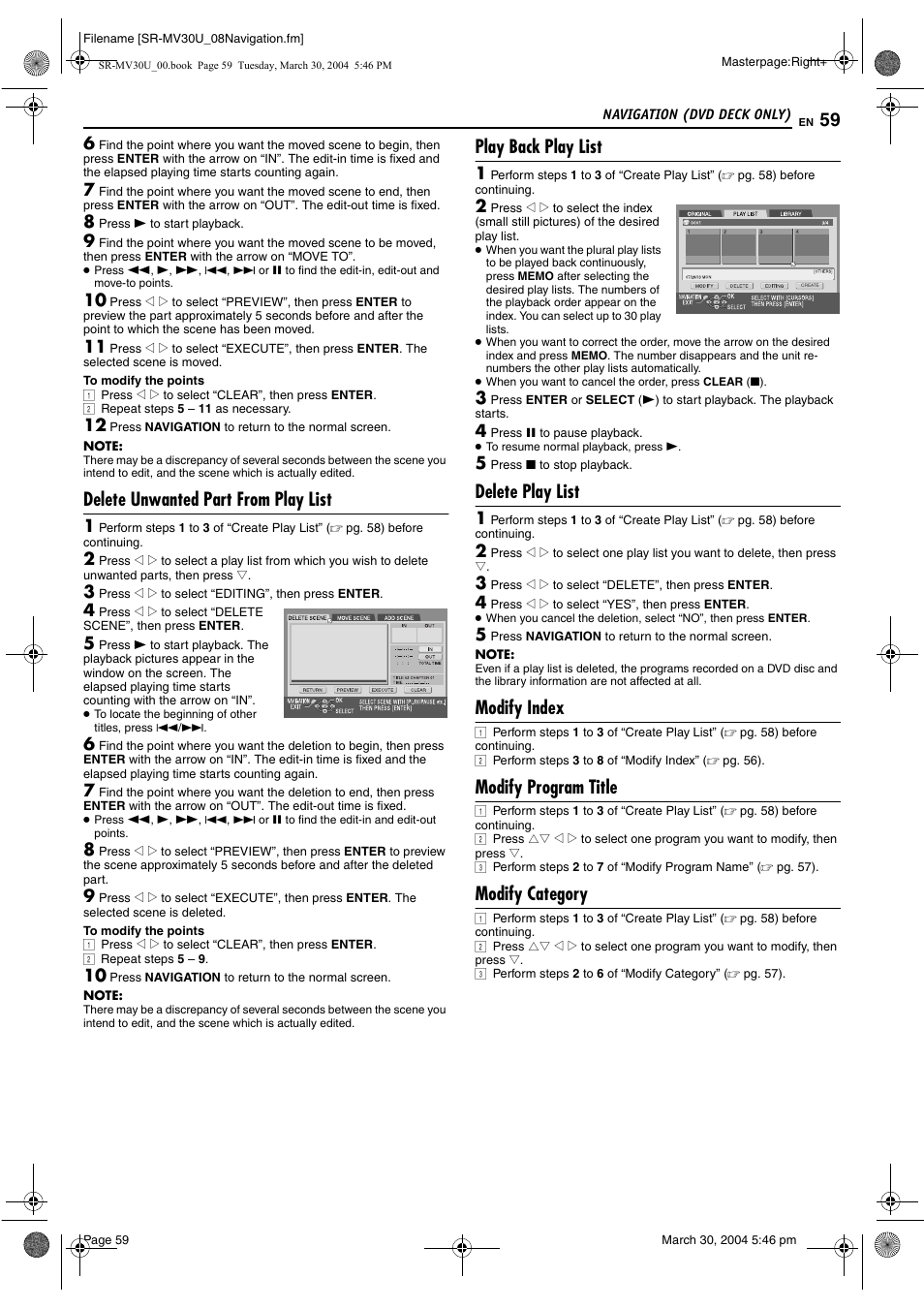 Delete unwanted part from play list, Play back play list, Delete play list | Modify index, Modify program title, Modify category | JVC SR-MV30 User Manual | Page 59 / 92