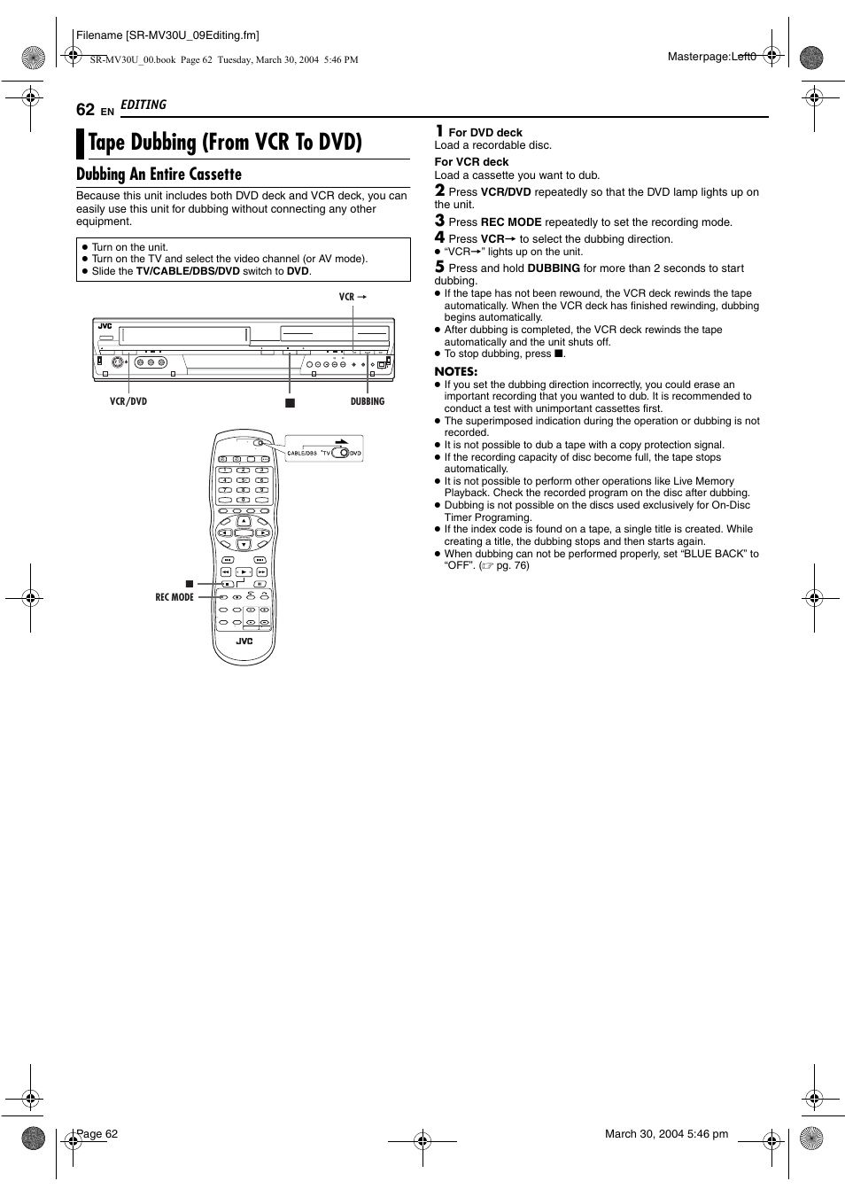 Editing, Tape dubbing (from vcr to dvd), Dubbing an entire cassette | Editing 62, Pg. 62, Pg. 62, 6 | JVC SR-MV30 User Manual | Page 62 / 92