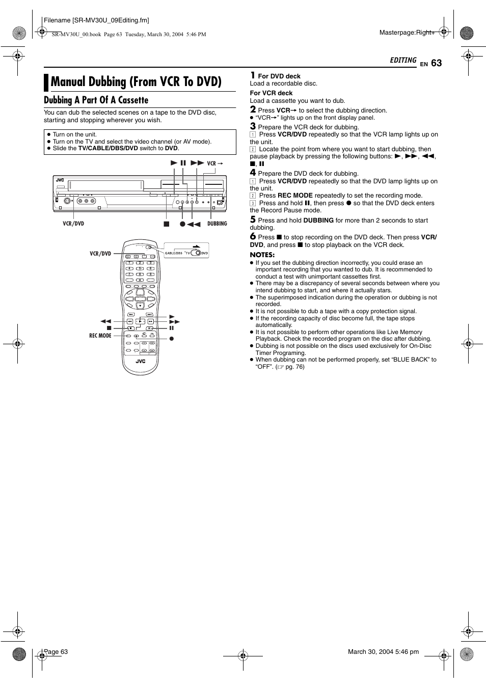 Manual dubbing (from vcr to dvd), Dubbing a part of a cassette | JVC SR-MV30 User Manual | Page 63 / 92