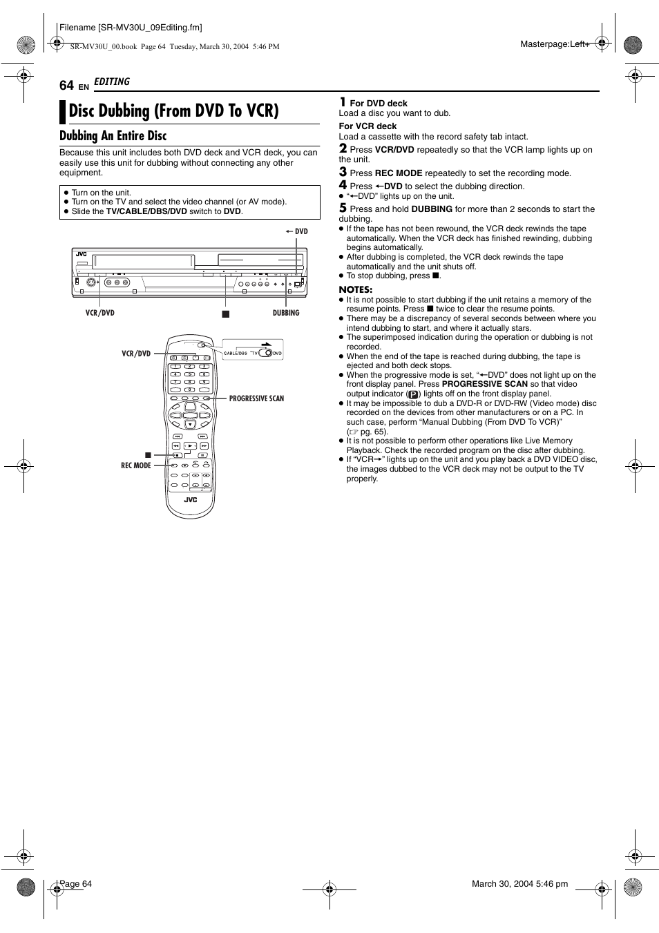 Disc dubbing (from dvd to vcr), Dubbing an entire disc | JVC SR-MV30 User Manual | Page 64 / 92