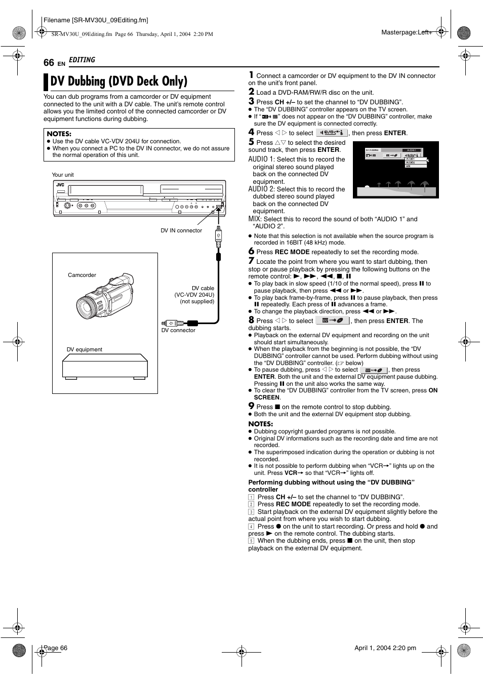 Dv dubbing (dvd deck only), Pg. 66 | JVC SR-MV30 User Manual | Page 66 / 92