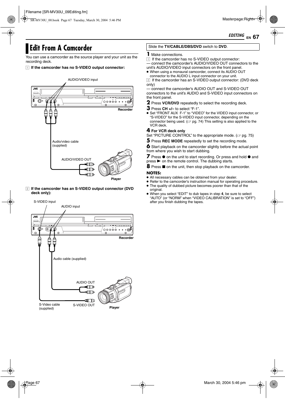 Edit from a camcorder, S-video), Pg. 67 | JVC SR-MV30 User Manual | Page 67 / 92