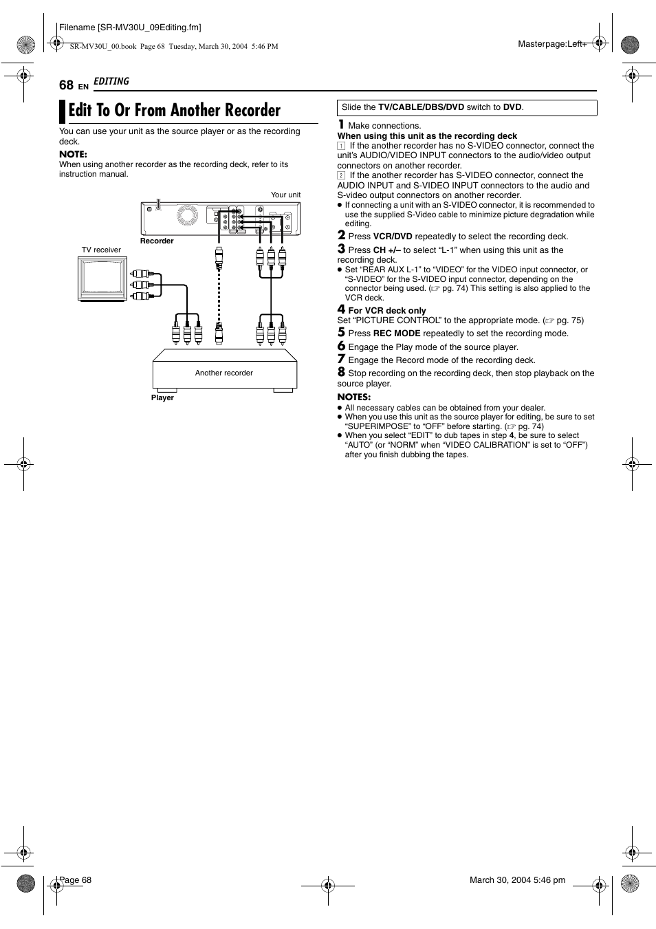 Edit to or from another recorder, Pg. 68 | JVC SR-MV30 User Manual | Page 68 / 92