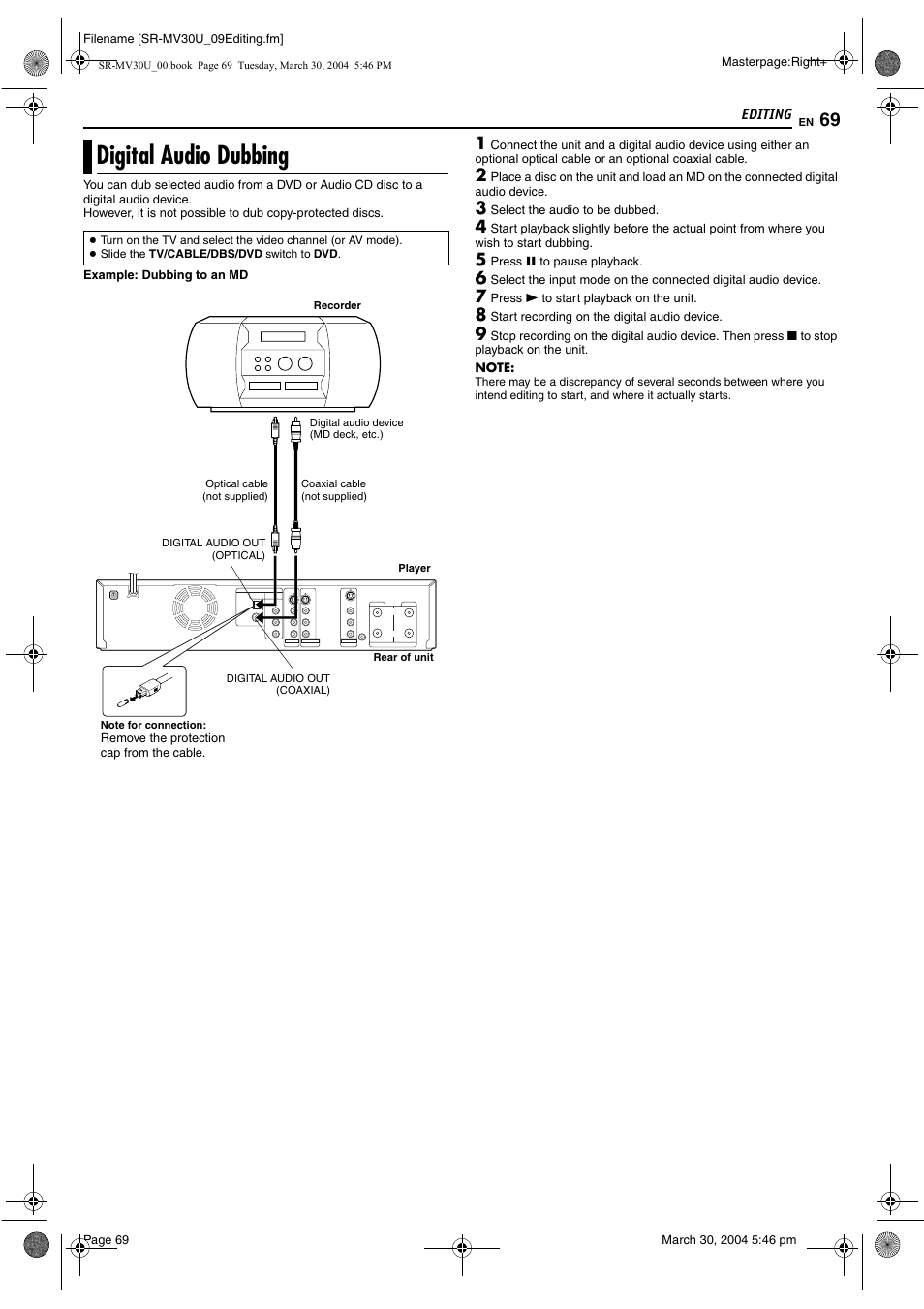 Digital audio dubbing, Pg. 69, 72 | JVC SR-MV30 User Manual | Page 69 / 92