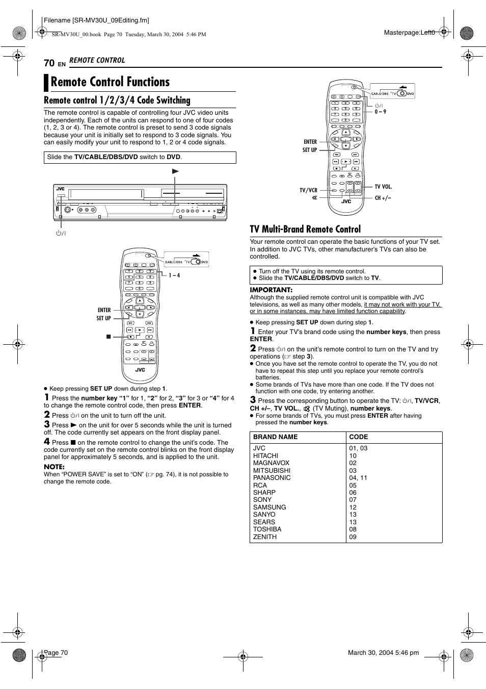 Remote control, Remote control functions, Remote control 1/2/3/4 code switching | Tv multi-brand remote control, Pg. 70, Pg. 70) | JVC SR-MV30 User Manual | Page 70 / 92