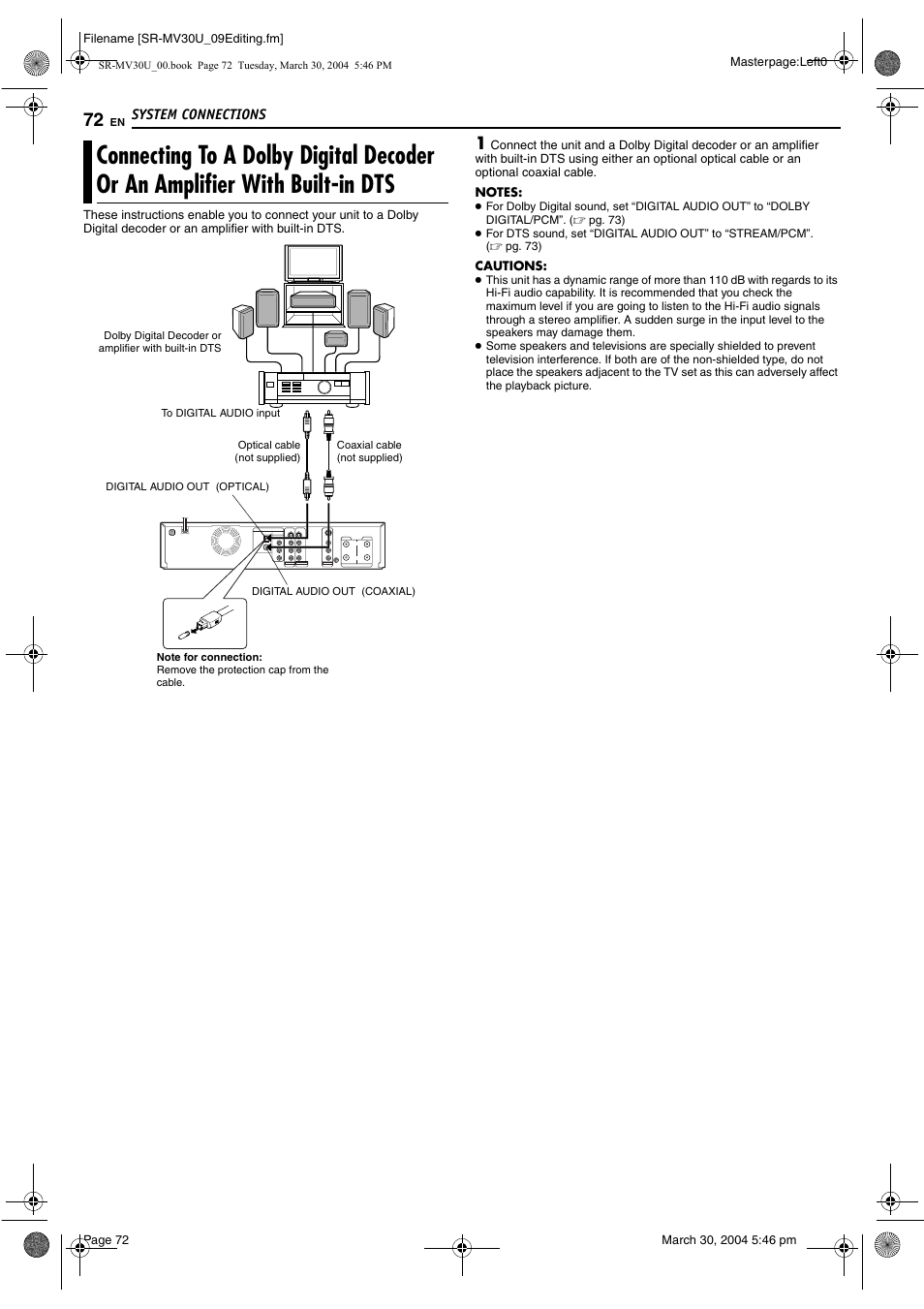 System connections, Built-in dts | JVC SR-MV30 User Manual | Page 72 / 92