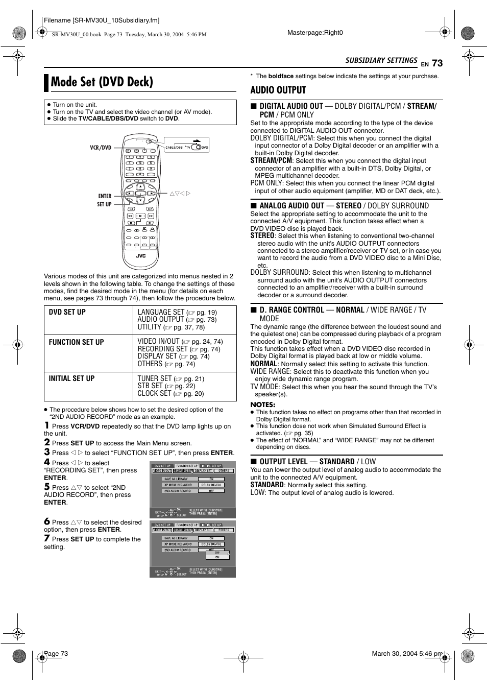 Subsidiary settings, Mode set (dvd deck), Pg. 73) | Audio output | JVC SR-MV30 User Manual | Page 73 / 92