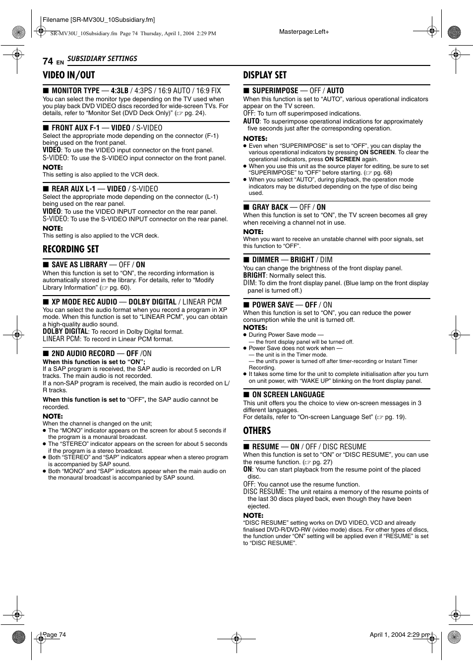 Pg. 74) f, Pg. 74), Pg. 74) is disengaged o | Video in/out, Recording set, Display set, Others | JVC SR-MV30 User Manual | Page 74 / 92