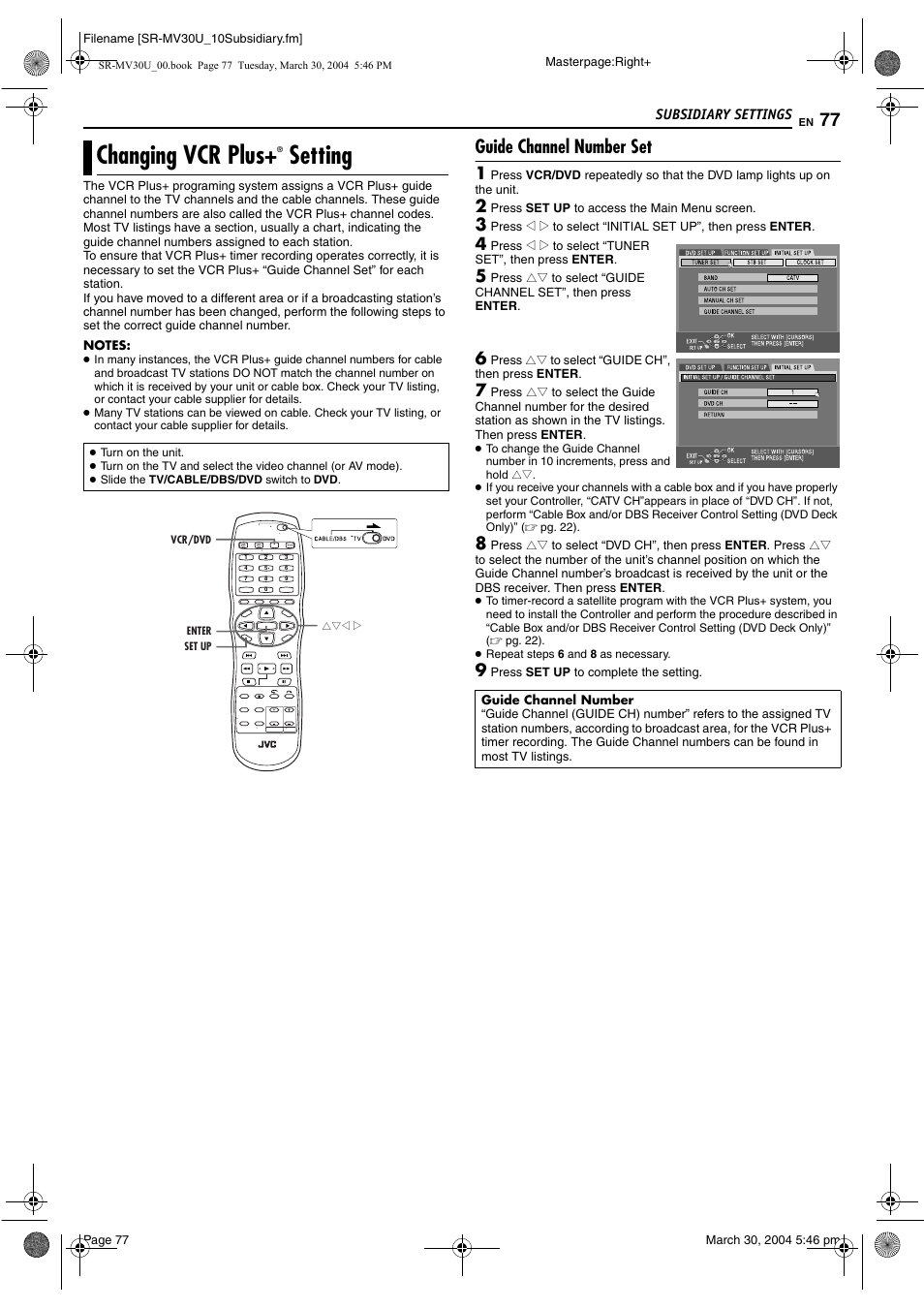 Changing vcr plus+® setting, Guide channel number set, Changing vcr plus | Setting, Pg. 77), Pg. 77, “changing vcr plus, Setting”) | JVC SR-MV30 User Manual | Page 77 / 92