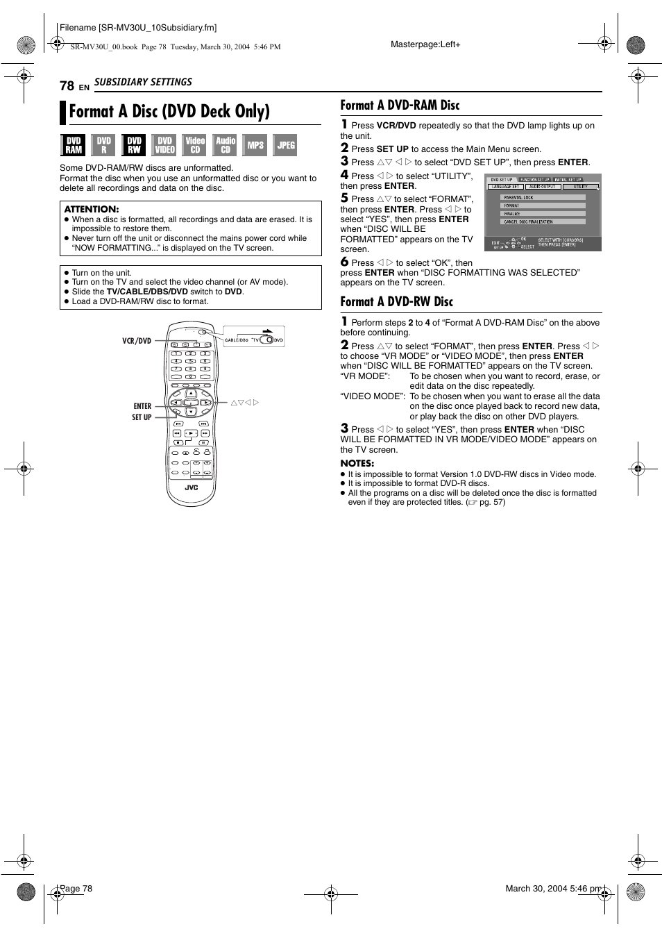 Format a disc (dvd deck only), Format a dvd-ram disc, Format a dvd-rw disc | Pg. 78, Pg. 78) | JVC SR-MV30 User Manual | Page 78 / 92