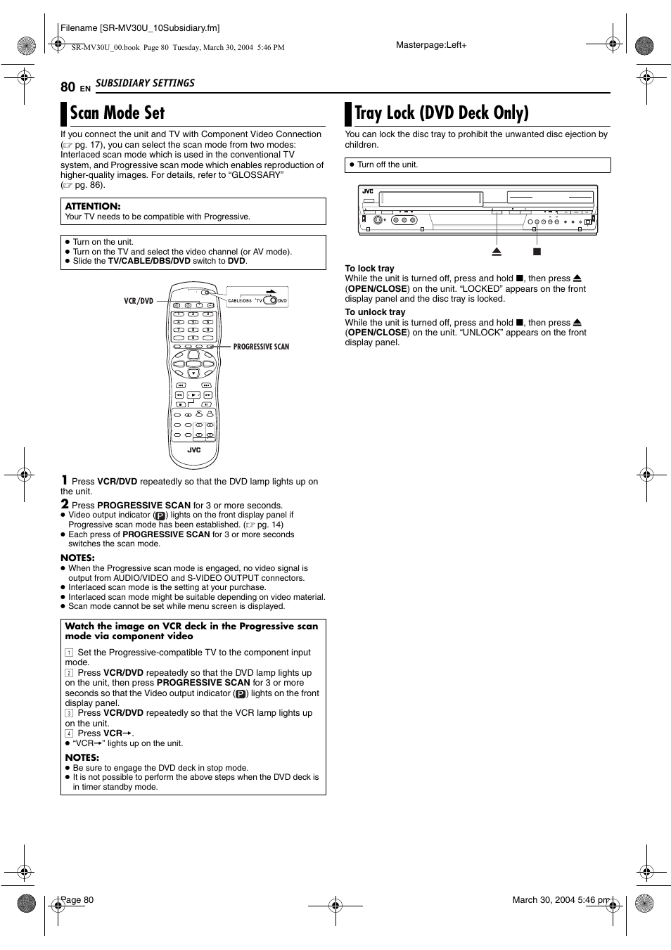 Scan mode set, Tray lock (dvd deck only), Scan mode set tray lock (dvd deck only) | Pg. 80, Pg. 80) | JVC SR-MV30 User Manual | Page 80 / 92