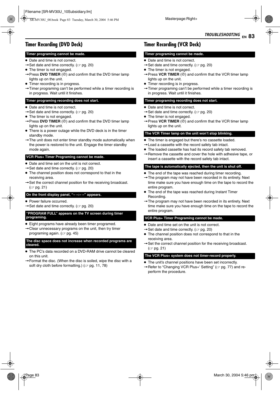 Timer recording (dvd deck), Timer recording (vcr deck) | JVC SR-MV30 User Manual | Page 83 / 92