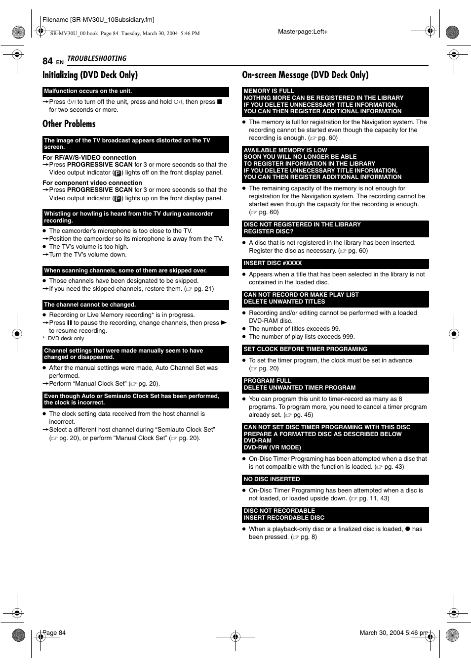 Initializing (dvd deck only), Other problems, On-screen message (dvd deck only) | JVC SR-MV30 User Manual | Page 84 / 92