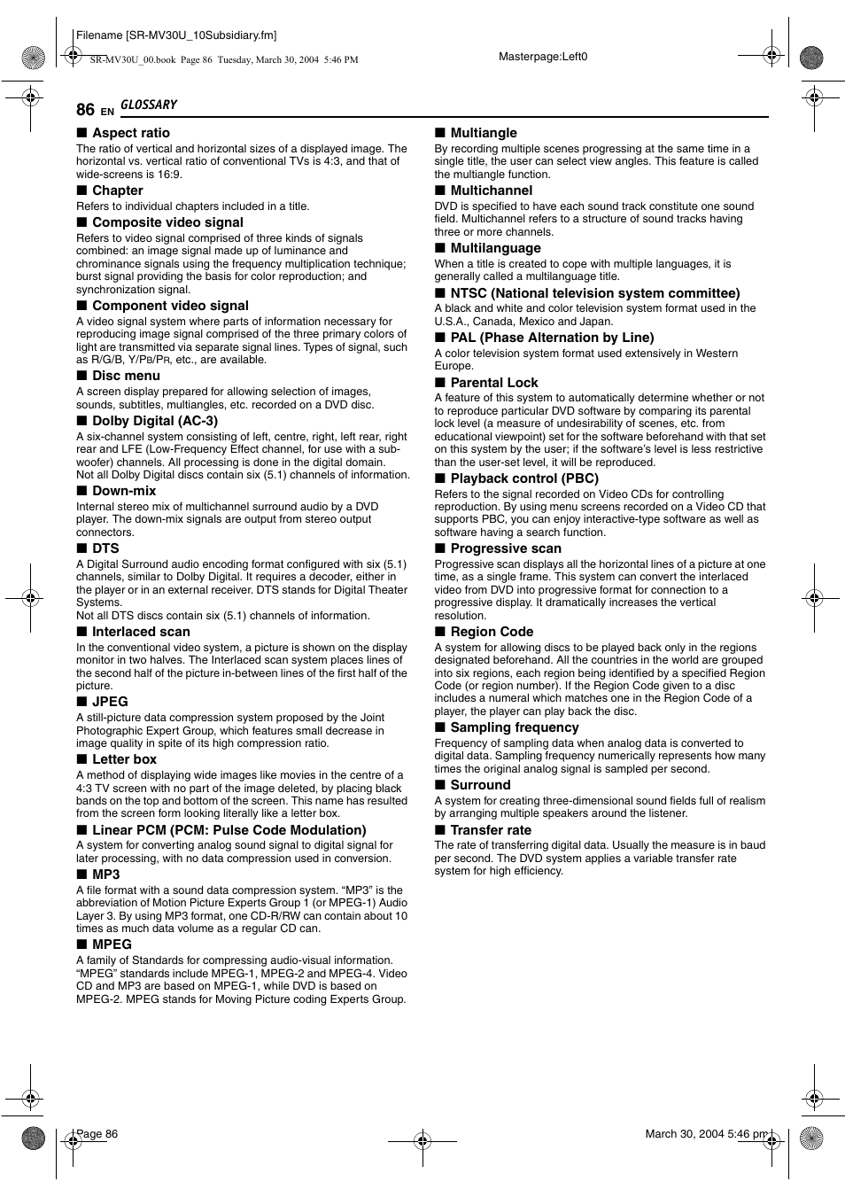 Glossary, Glossary 86, R to “glossary | Pg. 86) | JVC SR-MV30 User Manual | Page 86 / 92