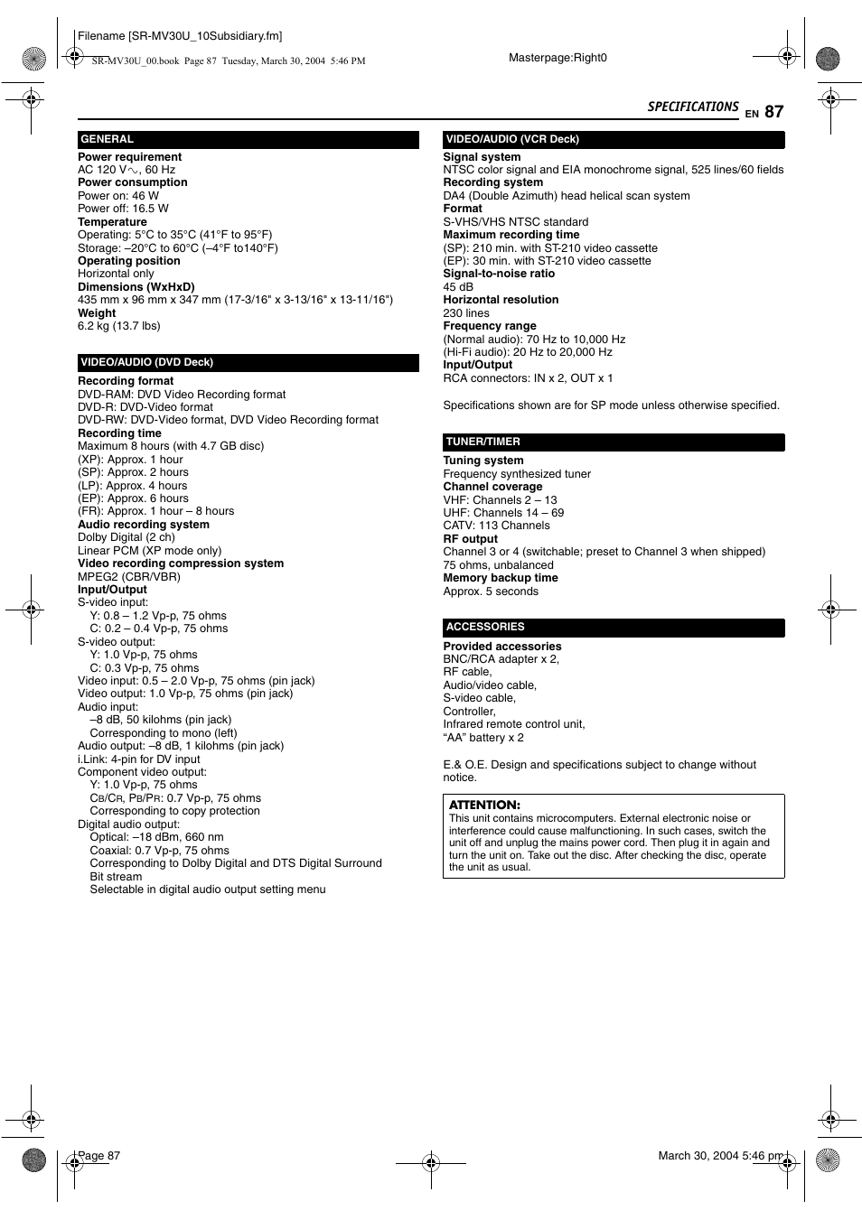 Specifications, Specifications 87 | JVC SR-MV30 User Manual | Page 87 / 92