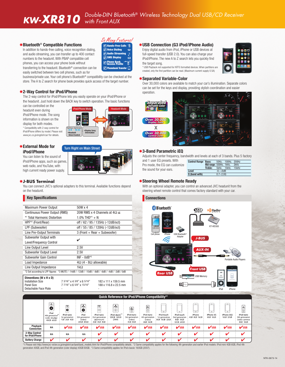 Xr810, 2010 jvc product tech guide, Kw-xr810 | So many features, C m y k, Double-din bluetooth, Way control for ipod/iphone, Steering wheel remote ready, Band parametric ieq, Usb connection (g3 ipod/iphone audio) | JVC MOBILE ENTERTAINMENT KW-XR810 User Manual | Page 2 / 2