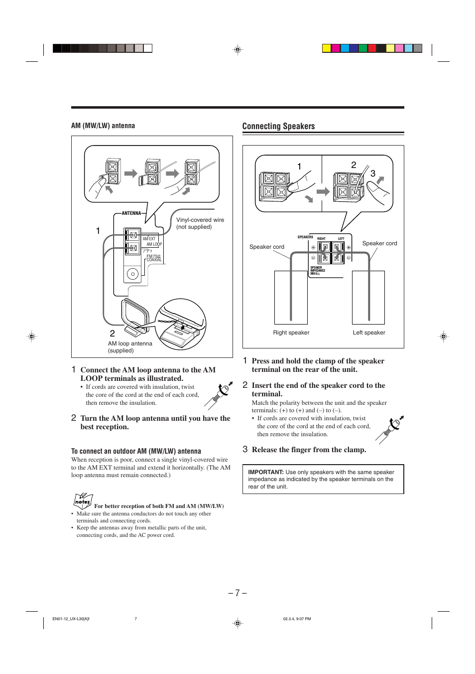 Connecting speakers | JVC UX-L30 User Manual | Page 10 / 28