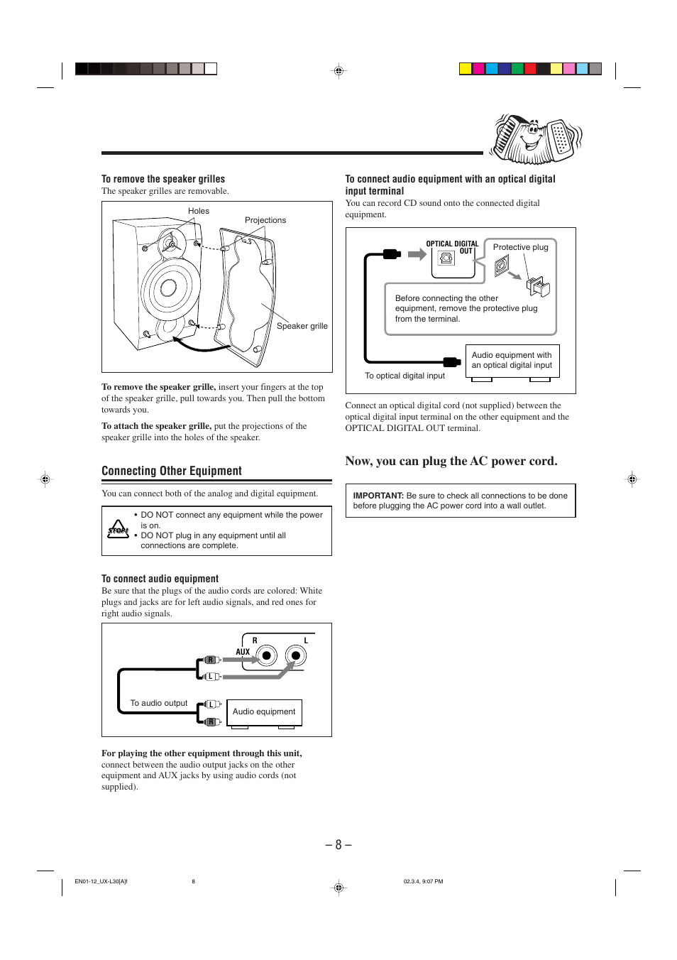 Now, you can plug the ac power cord, Connecting other equipment | JVC UX-L30 User Manual | Page 11 / 28