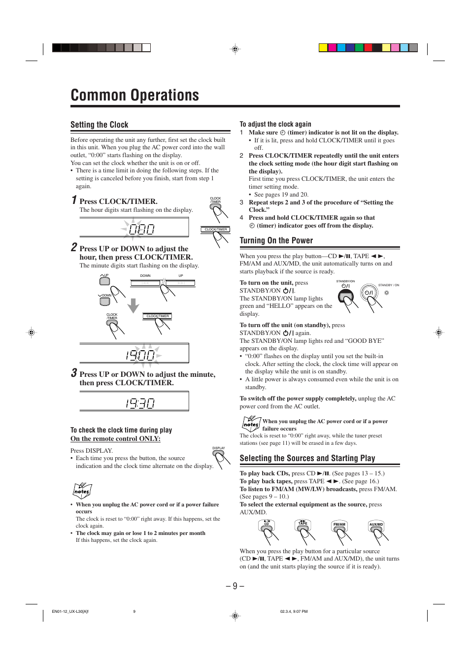 Common operations, Setting the clock, Turning on the power | Selecting the sources and starting play | JVC UX-L30 User Manual | Page 12 / 28