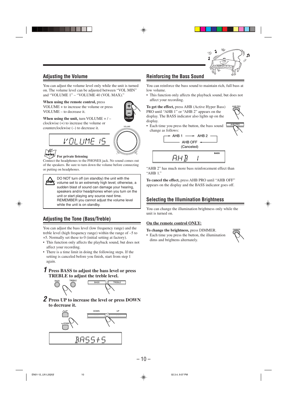 Reinforcing the bass sound, Selecting the illumination brightness, Adjusting the volume | Adjusting the tone (bass/treble) | JVC UX-L30 User Manual | Page 13 / 28