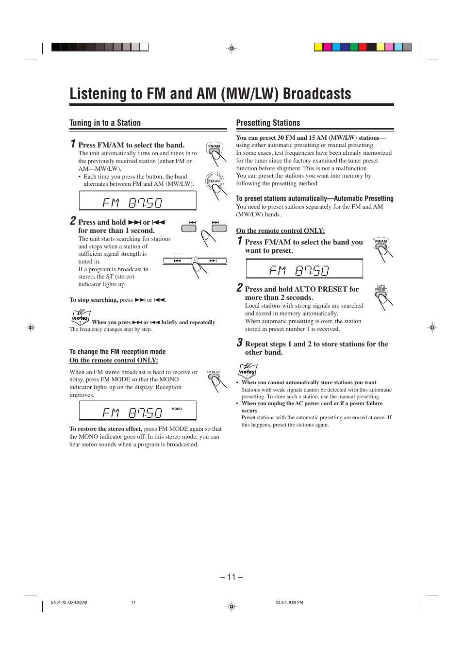 Listening to fm and am (mw/lw) broadcasts, Tuning in to a station, Presetting stations | JVC UX-L30 User Manual | Page 14 / 28