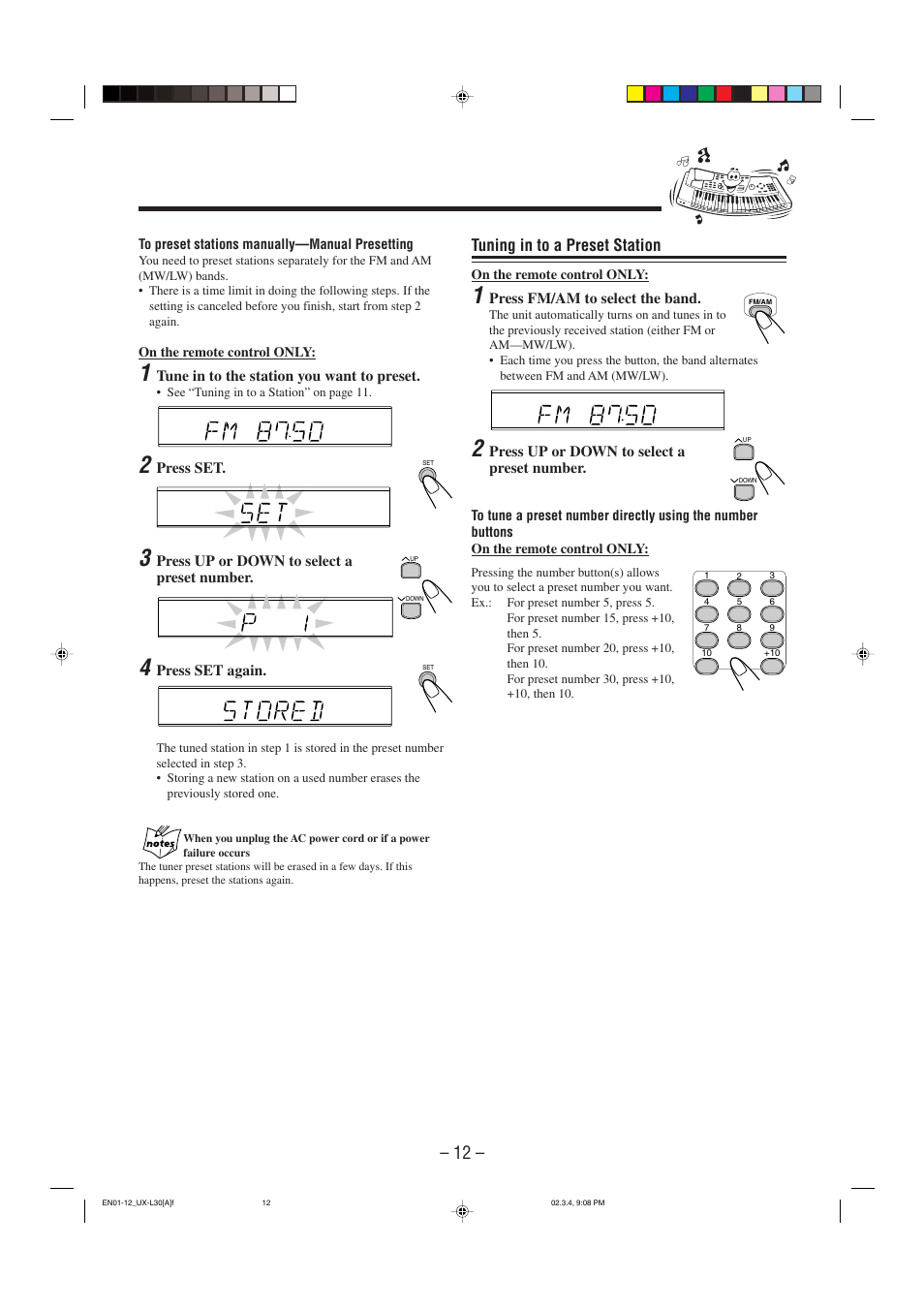 Tuning in to a preset station | JVC UX-L30 User Manual | Page 15 / 28