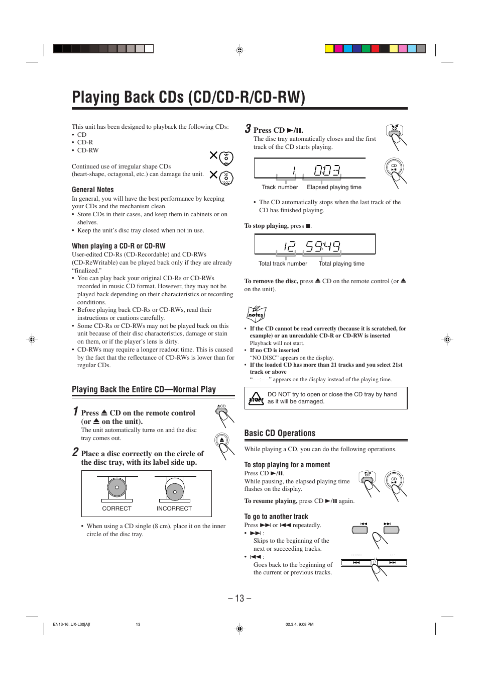 Playing back cds(cd/cd-r/cd-rw), Playing back cds (cd/cd-r/cd-rw), Playing back the entire cd—normal play | Basic cd operations | JVC UX-L30 User Manual | Page 16 / 28