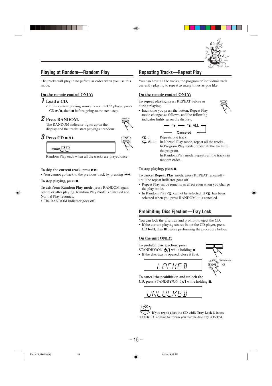 Repeating tracks—repeat play, Prohibiting disc ejection—tray lock, Playing at random—random play | JVC UX-L30 User Manual | Page 18 / 28