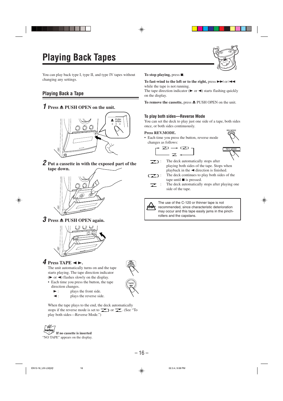 Playing back tapes, Playing back a tape | JVC UX-L30 User Manual | Page 19 / 28