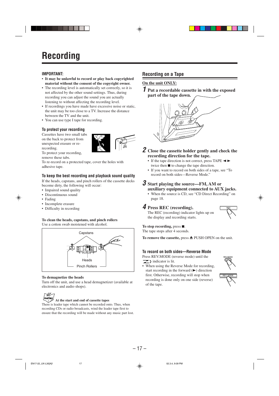 Recording | JVC UX-L30 User Manual | Page 20 / 28