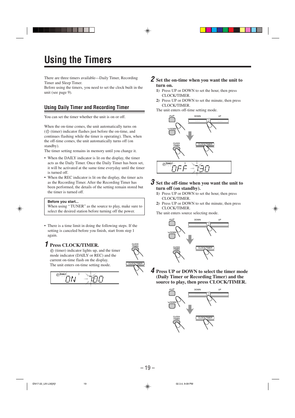 Using the timers, Using daily timer and recording timer, Press clock/timer | Set the on-time when you want the unit to turn on | JVC UX-L30 User Manual | Page 22 / 28