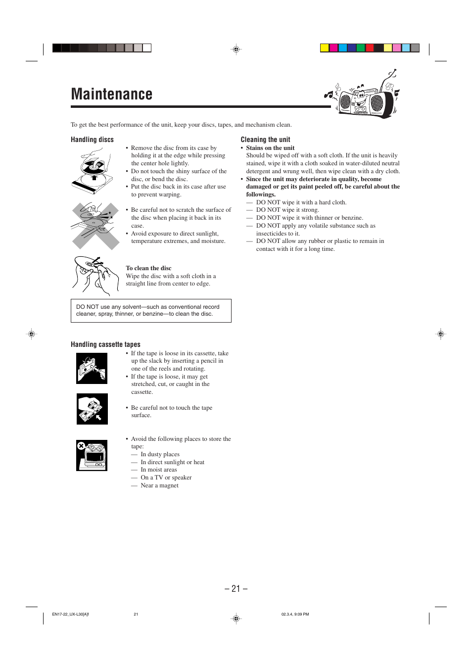 Maintenance | JVC UX-L30 User Manual | Page 24 / 28