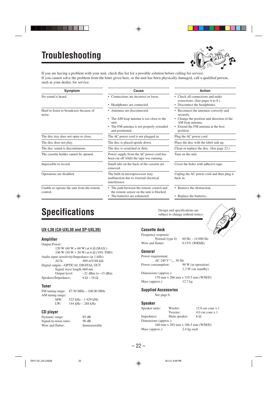 Troubleshooting, Specifications | JVC UX-L30 User Manual | Page 25 / 28