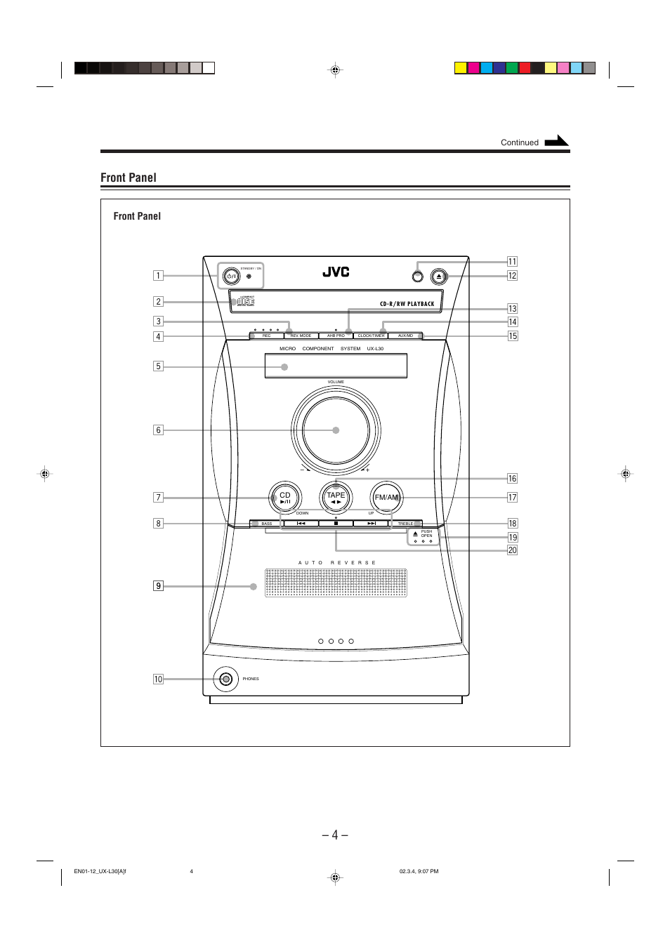 Front panel, 45 t | JVC UX-L30 User Manual | Page 7 / 28