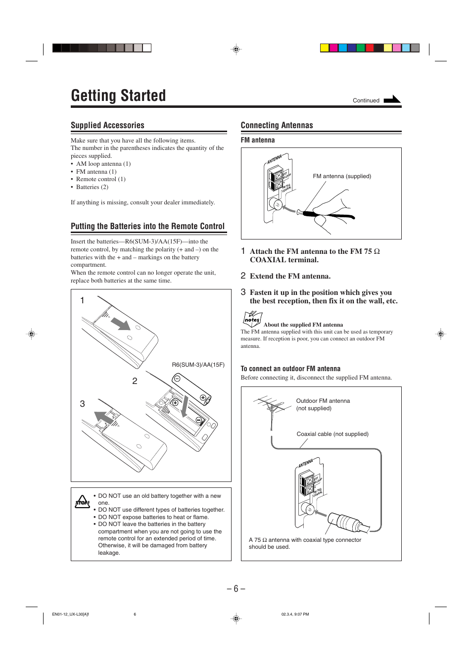 Getting started, Supplied accessories, Putting the batteries into the remote control | Connecting antennas | JVC UX-L30 User Manual | Page 9 / 28