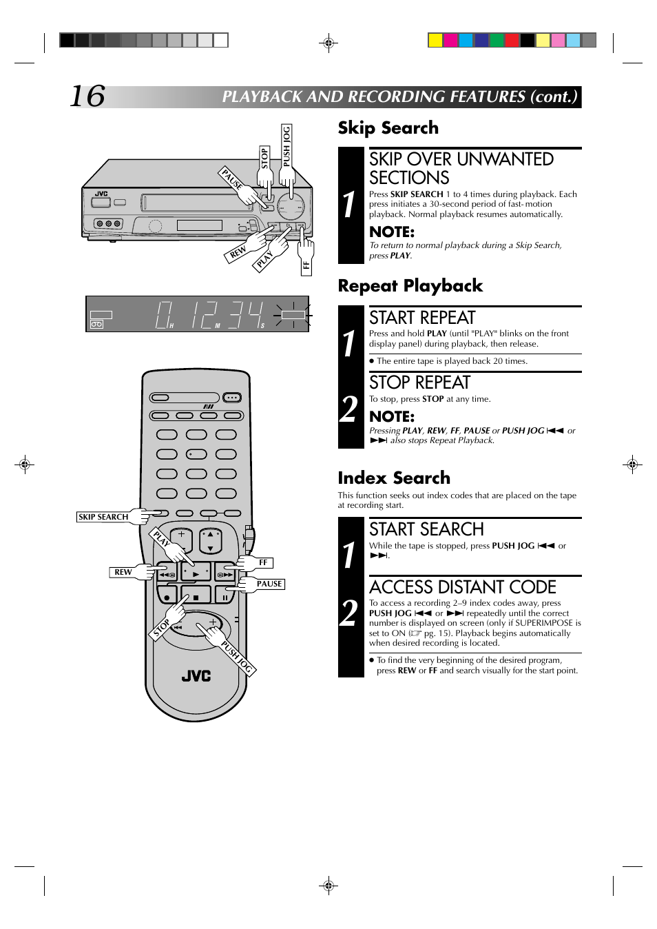 Start repeat, Stop repeat, Start search | Access distant code, Skip search repeat playback, Index search, Playback and recording features (cont.) | JVC HR-J6003UM User Manual | Page 16 / 42