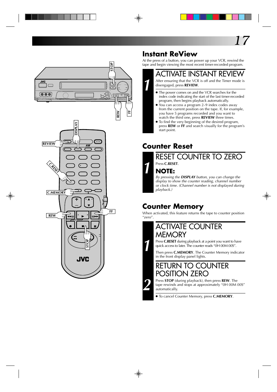 Activate instant review, Reset counter to zero, Return to counter position zero | Instant review, Counter reset | JVC HR-J6003UM User Manual | Page 17 / 42