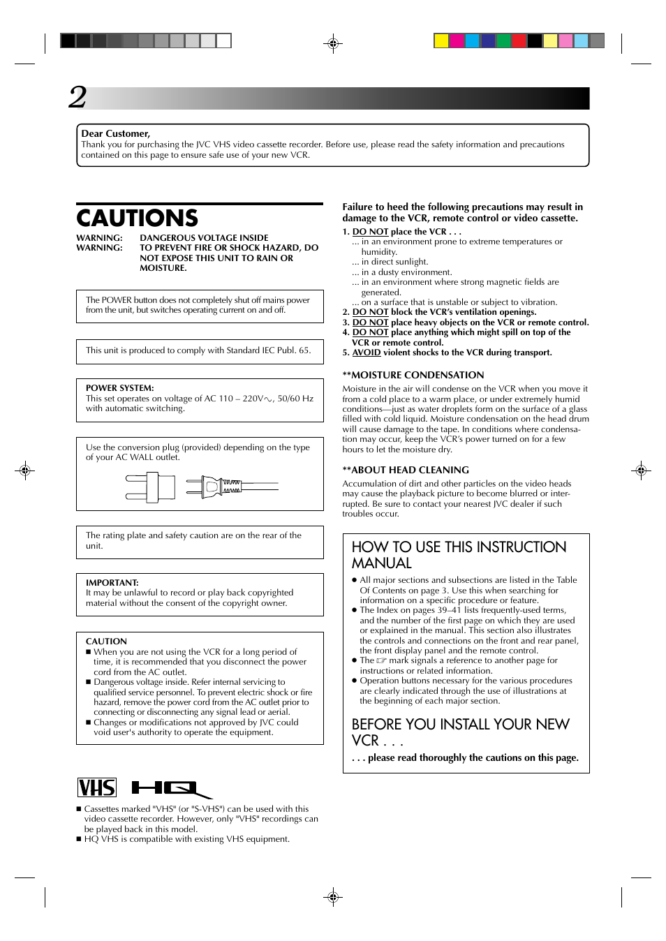 Cautions, How to use this instruction manual, Before you install your new vcr | JVC HR-J6003UM User Manual | Page 2 / 42