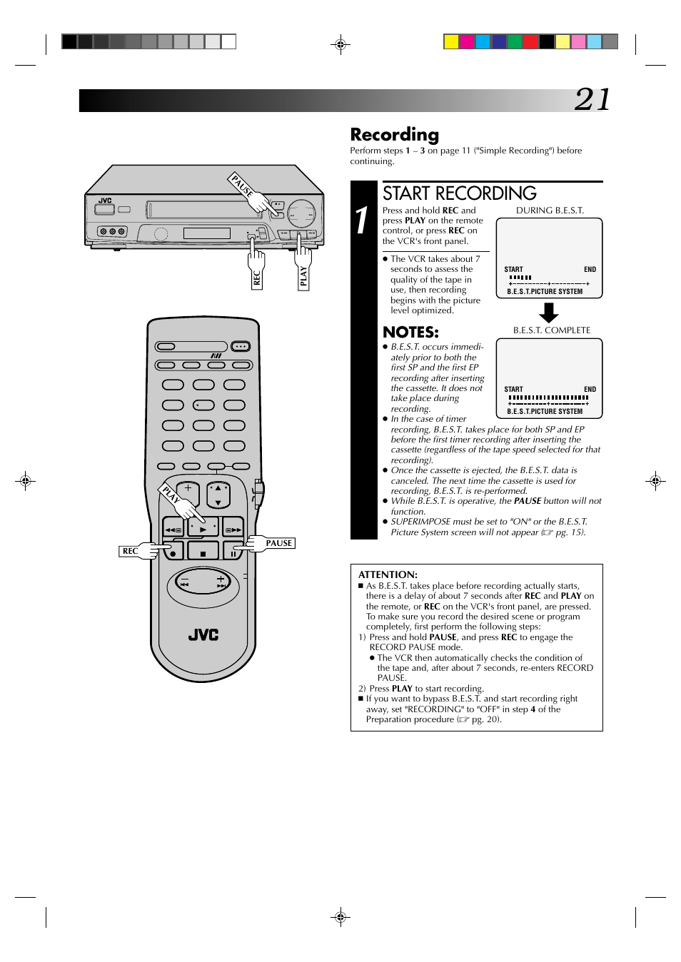 Start recording, Recording | JVC HR-J6003UM User Manual | Page 21 / 42