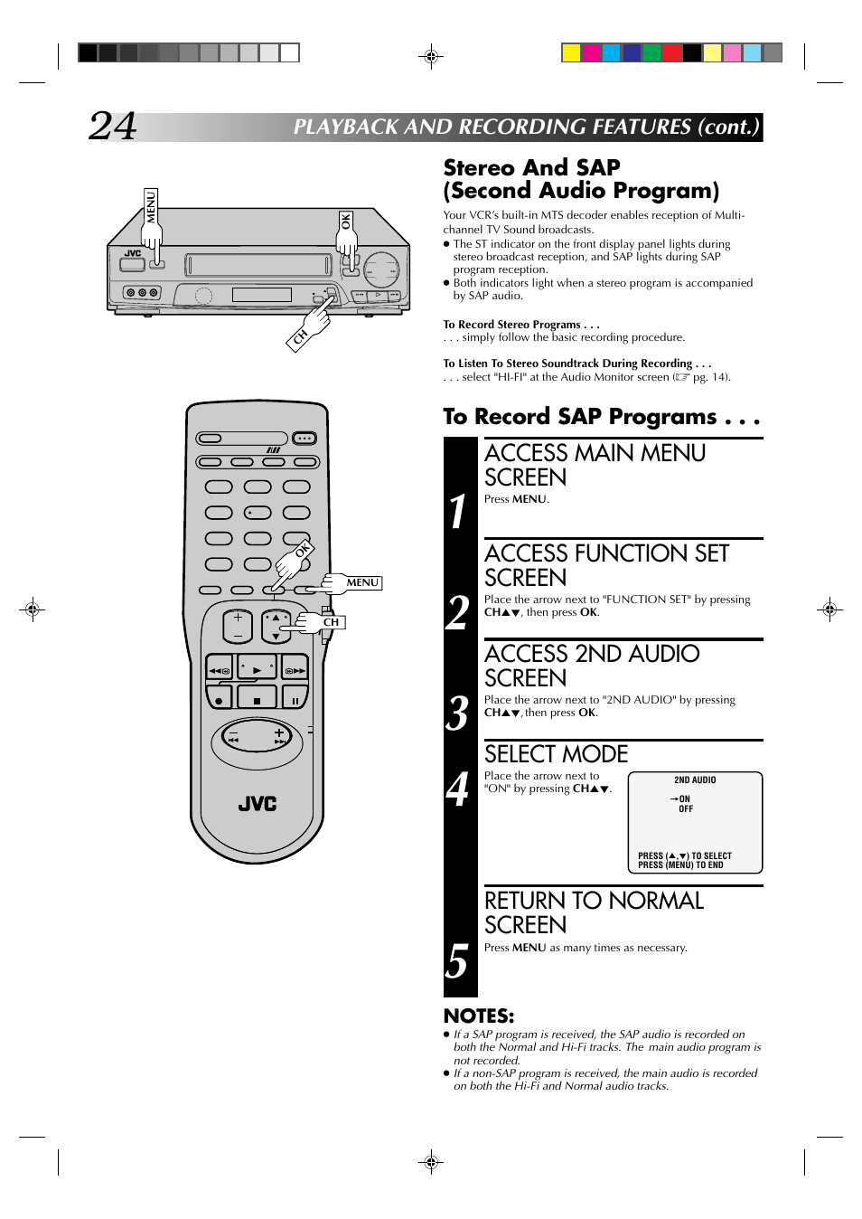 Access main menu screen, Access function set screen, Access 2nd audio screen | Select mode, Return to normal screen | JVC HR-J6003UM User Manual | Page 24 / 42