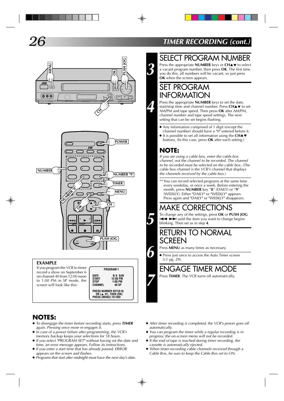 Select program number, Set program information, Make corrections | Return to normal screen, Engage timer mode, Timer recording (cont.) | JVC HR-J6003UM User Manual | Page 26 / 42