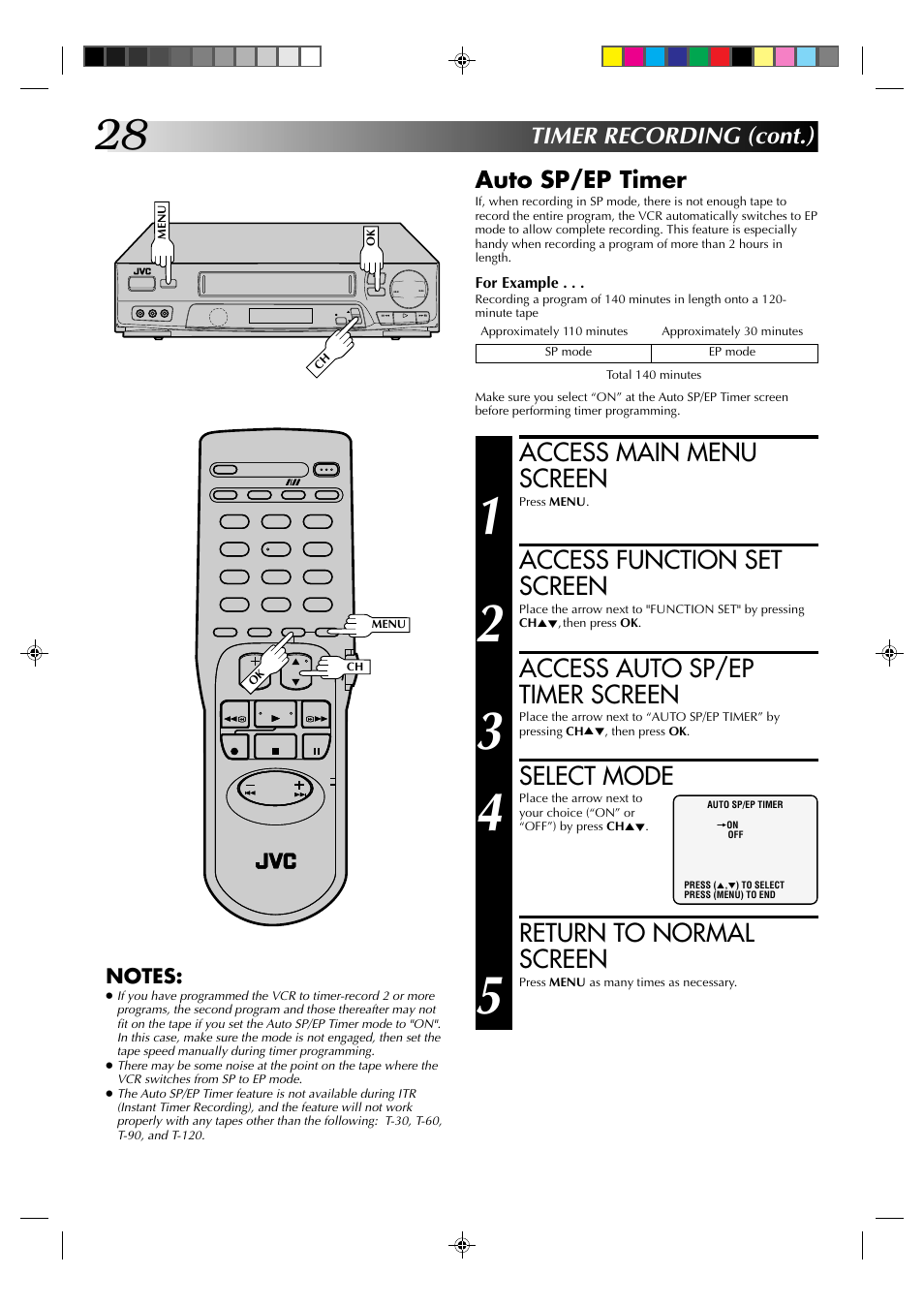 Access main menu screen, Access function set screen, Access auto sp/ep timer screen | Select mode, Return to normal screen, Timer recording (cont.) auto sp/ep timer | JVC HR-J6003UM User Manual | Page 28 / 42