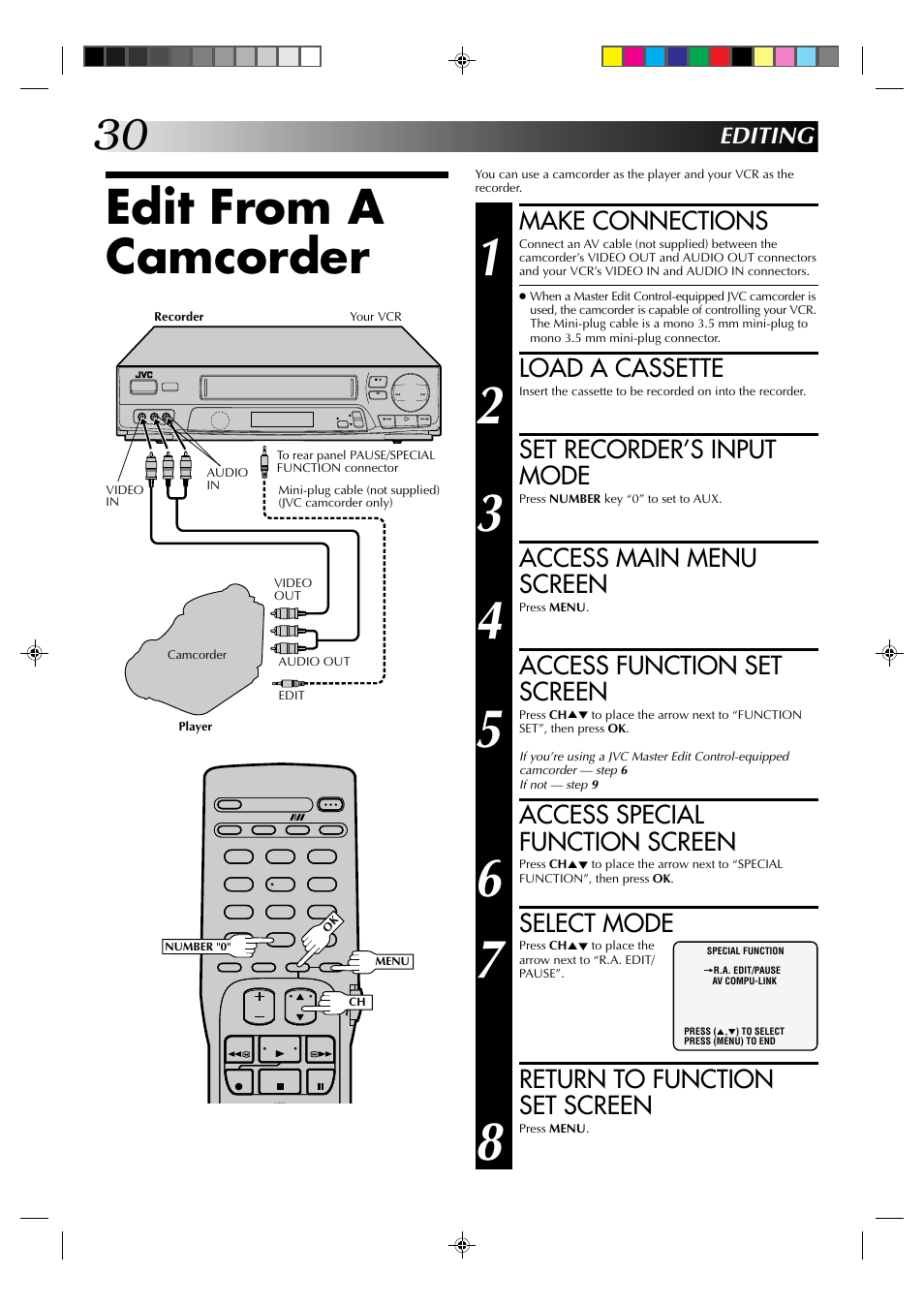 Edit from a camcorder, Make connections, Load a cassette | Set recorder’s input mode, Access main menu screen, Access function set screen, Access special function screen, Select mode, Return to function set screen, Editing | JVC HR-J6003UM User Manual | Page 30 / 42