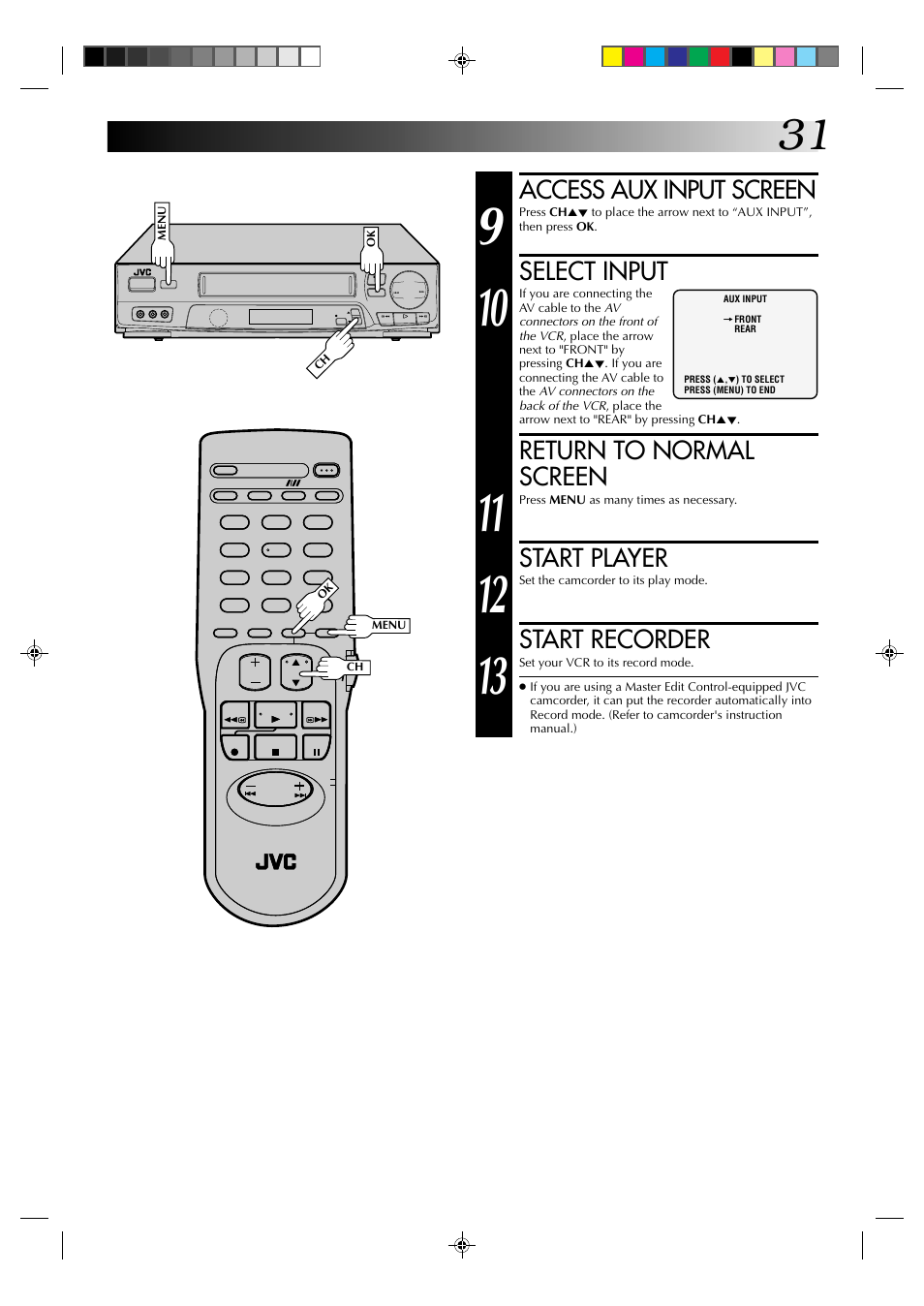 Access aux input screen, Select input, Return to normal screen | Start player, Start recorder | JVC HR-J6003UM User Manual | Page 31 / 42