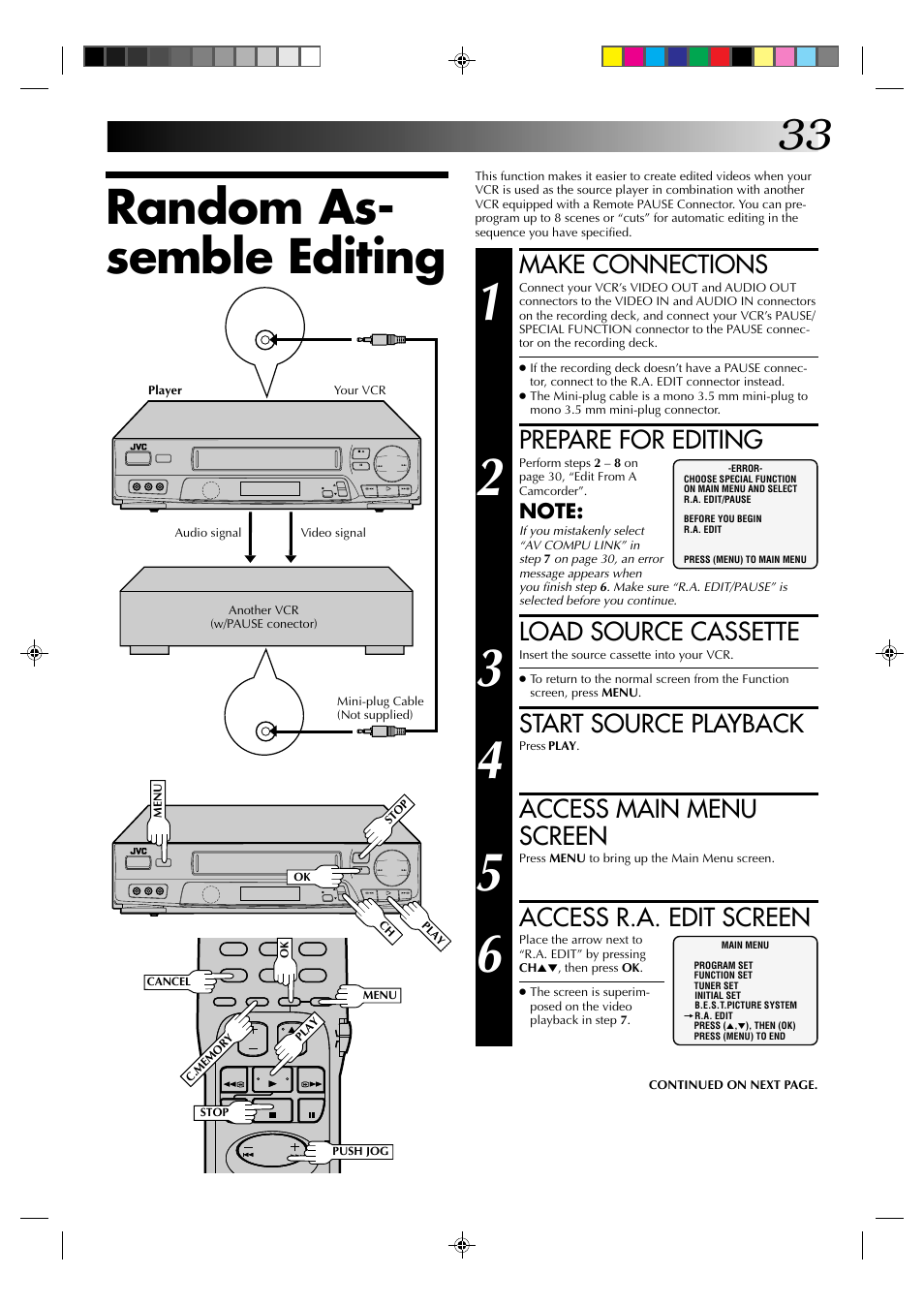 Random as- semble editing, Make connections, Prepare for editing | Load source cassette, Start source playback, Access main menu screen, Access r.a. edit screen | JVC HR-J6003UM User Manual | Page 33 / 42