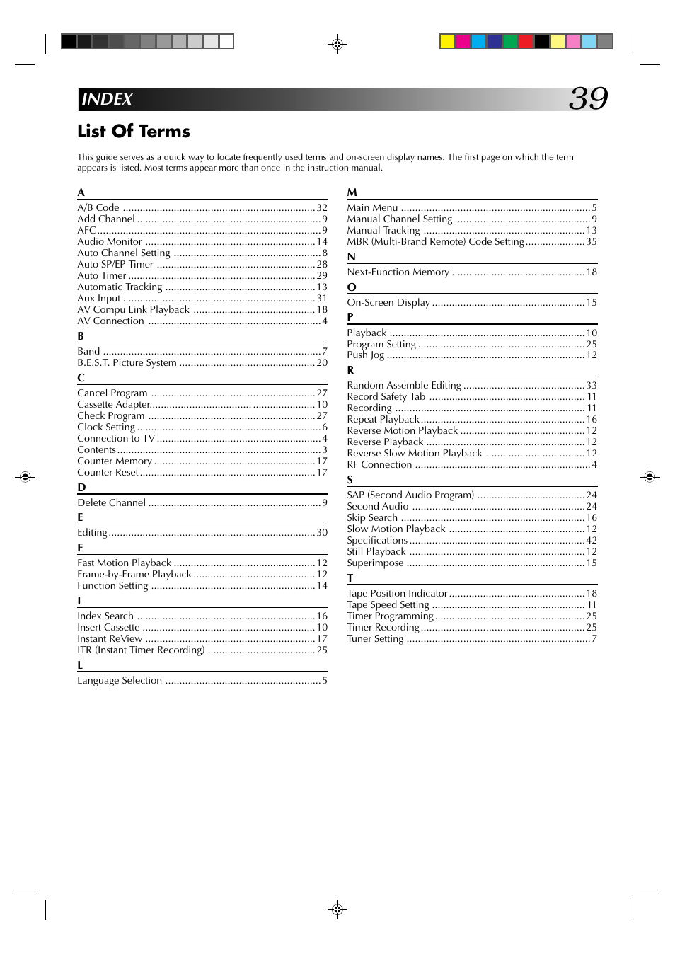 Index list of terms | JVC HR-J6003UM User Manual | Page 39 / 42