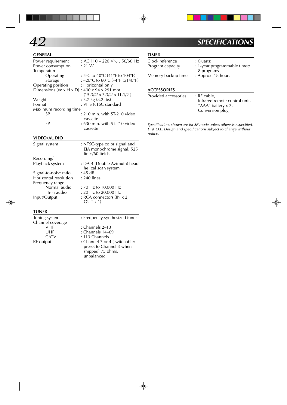 Specifications | JVC HR-J6003UM User Manual | Page 42 / 42