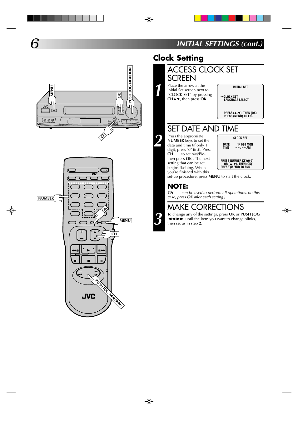 Access clock set screen, Set date and time, Make corrections | Clock setting, Initial settings (cont.) | JVC HR-J6003UM User Manual | Page 6 / 42