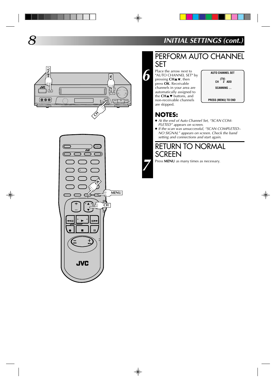 Perform auto channel set, Return to normal screen, Initial settings (cont.) | JVC HR-J6003UM User Manual | Page 8 / 42