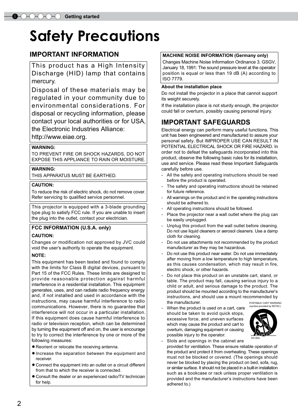 Getting started, Safety precautions, Important information | Important safeguards | JVC D-ILA DLA-HD350 User Manual | Page 2 / 57
